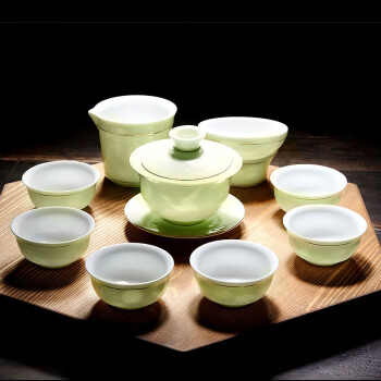 茶具茶杯陶瓷现代简约盖碗茶碗整套泡茶套装10头影雕青瓷套组翡翠祥云