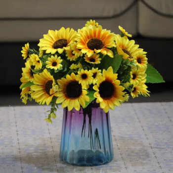 初卓仿真花向日葵玻璃花瓶套装桌面摆放花 向日葵+渐变玻璃花瓶