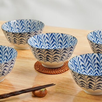 美浓烧（Mino Yaki）日本进口古染釉下彩复古5英寸饭碗家用陶瓷饭碗竹锦长安纹5件套