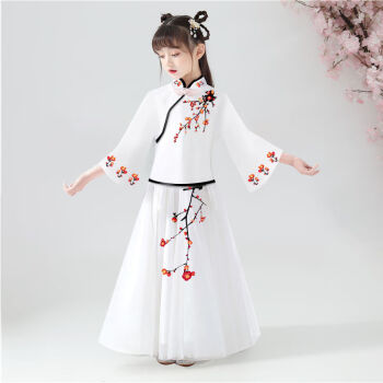 原创儿童古装改良汉服春夏款女童公主裙仙女裙中国风刺绣舞台服装白色