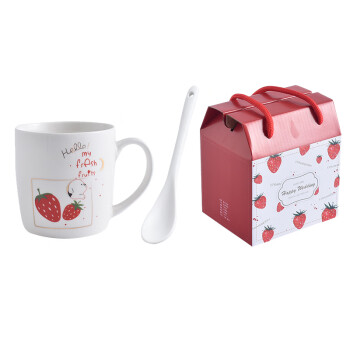 小月丫陶瓷马克杯礼盒 创意咖啡杯 单杯带勺350ml草莓图案混发