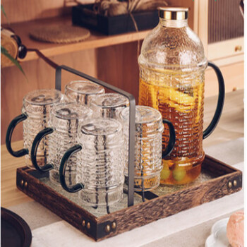 致仕（ZISIZ）复古中式玻璃杯带把手套装家用客厅家庭茶具6支装+中式杯架+桐木透明托盘+2000ml壶