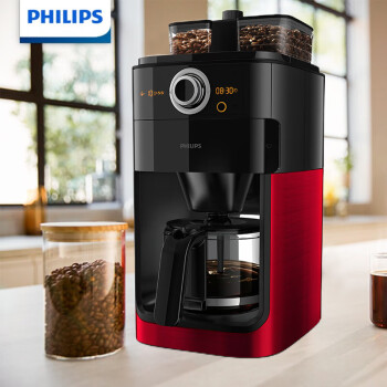 飞利浦（PHILIPS）美式咖啡机 家用磨豆机 豆粉两用 磨粉机 双豆槽带预约功能自动清洗咖啡壶炫光红HD7762/50