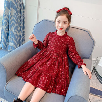 儿童新年礼服裙子小女孩时尚公主裙蓬蓬裙酒红色110码建议身高100厘米