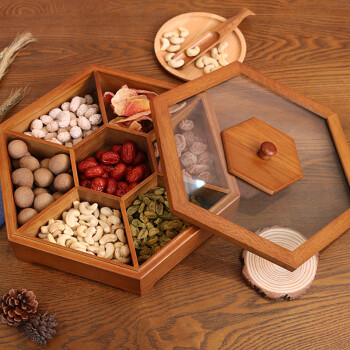 诺诗曼干果盒盘实木质坚果糖果盒家用瓜子水果盘零食 小号橡木六角盒