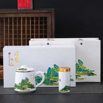 蒋莱（JANLA）榜眼堂简约陶瓷办公泡茶杯茶叶罐套装实用水杯 白色千里江山
