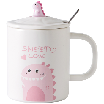 瓷魂 个性可爱陶瓷杯子水杯马克杯带盖带勺 小恐龙420ML 粉色