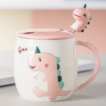 粉红丸子可爱恐龙陶瓷杯FH-LY0729（粉色） 带盖勺家用早餐杯 创意马克杯
