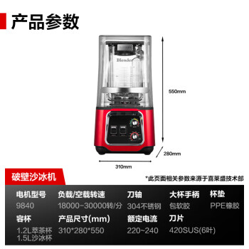 喜莱盛沙冰机商用破壁机带隔音罩刨冰机全自动搅拌机榨汁料理机奶茶店设备全套红色旋钮款-K80