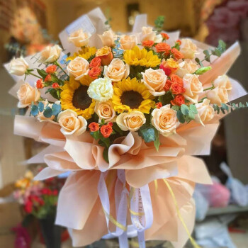 鲜花同城配送香槟玫瑰向日葵韩式花束生日礼物纪念日送女友老婆