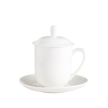 木选 酒店水杯 带盖杯 马克杯泡茶杯子 白色花蕾陶瓷杯