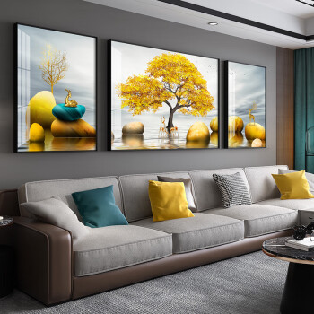 纪恒暄客厅背景墙装饰画寓意好的沙发后墙上的挂画轻奢高级晶瓷三联画