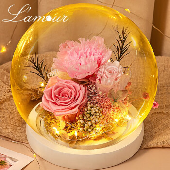 L'amour生日礼物永生花玫瑰粉康乃馨玻璃罩摆件鲜花鲜同城配送女友老婆妈