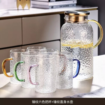 墨申锤纹玻璃杯带把客厅喝水杯耐热茶杯待客水壶杯子水具（套装5）