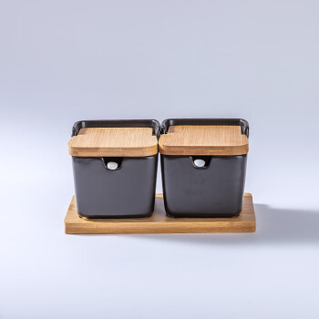 谦星  陶瓷竹木调料罐套装日式厨房家用盐罐 套二黑方罐 3套