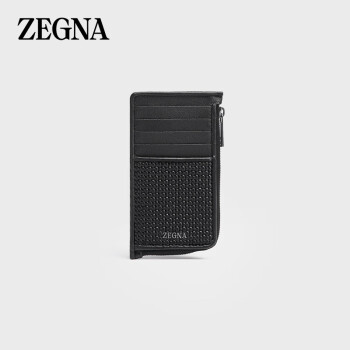 杰尼亚（Zegna）黑色 PELLETESSUTA™ 配光滑皮革 10 卡位拉链钱包