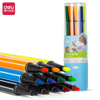 得力(deli)12色可洗水彩笔 儿童画画彩色涂色颜色笔美术画材 收纳筒33985-12