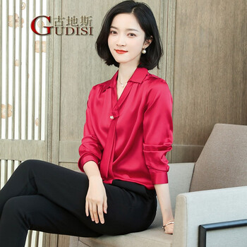 gudisi重磅真丝衬衣女2021春夏季长袖上衣气质优雅飘带桑蚕丝衬衫ase
