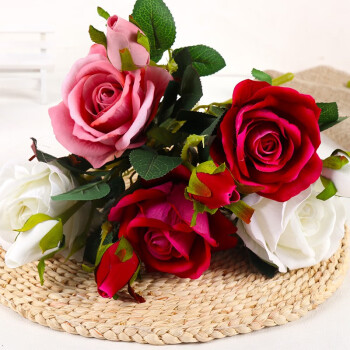 盛世泰堡 仿真玫瑰花束假花干花塑料绢花新年客厅插花摆件装饰10个装 3色玫瑰