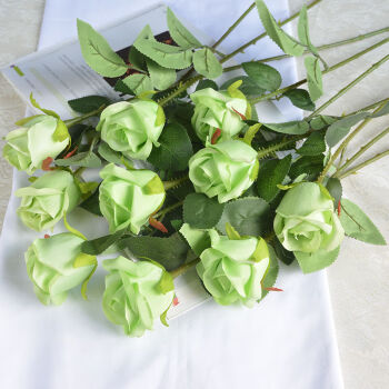 单支玫瑰花束室内客厅餐桌塑料绢花装饰摆件北极象含苞玫瑰绿色10支装