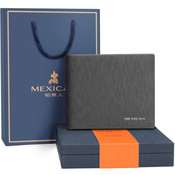 稻草人（MEXICAN）钱包男头层牛皮商务钱夹时尚大容量短款横夹多卡位短夹礼盒装MMLH01210171BL01A蓝色礼盒