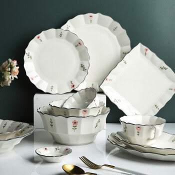 汤面碗组合家用碗碟套装 清新小花餐具四人食19件套【图片 价格 品牌