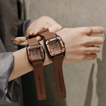  LVGE手表女学生时尚女士品牌气质石英国表复古方形硅胶皮带款情侣手表 棕色【大表盘】