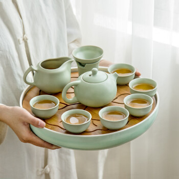 常生源功夫茶茶具整套装带茶盘陶瓷汝窑茶具简约家用泡茶套装 天青西施