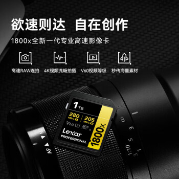 雷克沙（Lexar）1TB SD存储卡 C10 U3 V60 数码相机高速内存卡 读280MB/s 写205MB/s 4K畅拍（1800x）