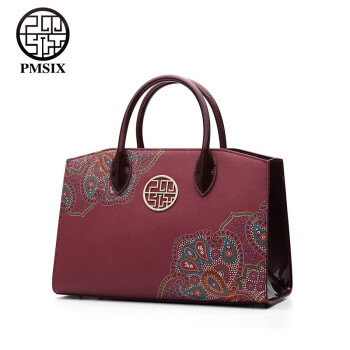 PmSix母亲节礼物实用送妈妈包包女包国风牛皮大容量手提包单肩红色婚包