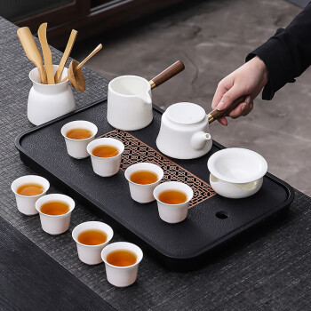 润养整套羊脂玉白瓷功夫茶具套装家用双侧把茶壶茶杯瓷石茶盘茶海茶台