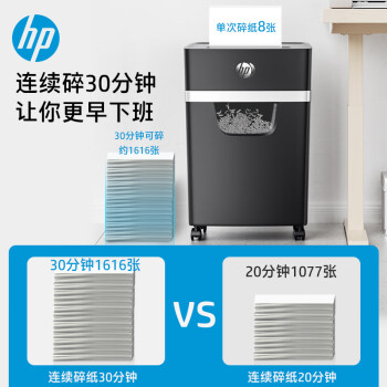 HP惠普 5级保密多功能专业商用办公碎纸机（连续碎30分钟 单次8张 20L 可碎卡/订书钉)黑金款B2008MC