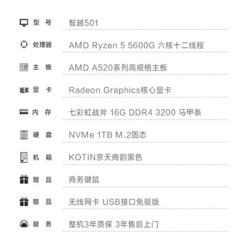 战旗 智越501（AMD锐龙R5-5600G 16G 1TB  wifi  商务键鼠 ） 家用游戏设计师办公商用台式组装电脑主机UPC