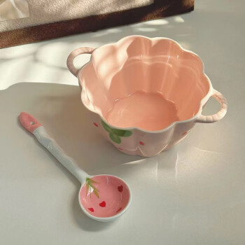 佩尔森双耳陶瓷碗带勺套装汤碗面碗高颜值早餐碗草莓多多6英寸碗带勺