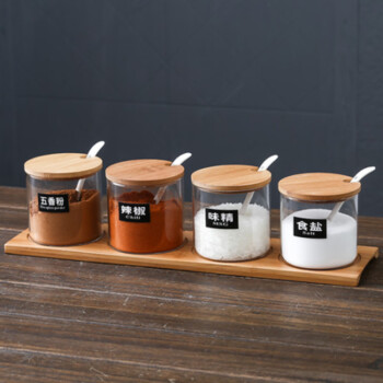 豫群荟陶瓷调料盒套装家用厨房直身玻璃四罐+底板+勺子