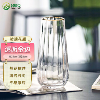 吕姆克花瓶玻璃轻奢摆件水养富贵竹客厅清新透明金边款花瓶高25cm7733