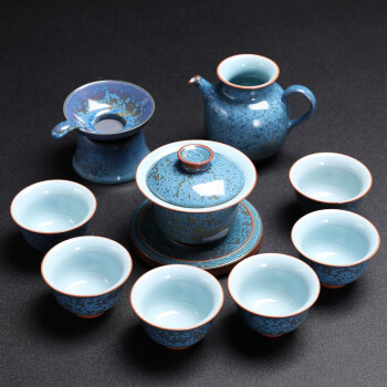 茶具套装陶瓷办公室会客功夫茶具中式套装高档礼盒装蓝玉盖碗10入套装