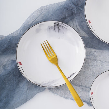 裕行 新中式陶瓷盘子家用餐具8英寸深汤盘碟2只装釉中彩渔歌唱晚