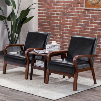 戎勋RX-3客厅单人木质小沙发椅子茶几组合  黑色皮U 三件套