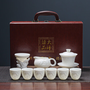 MULTIPOTENT整套功夫茶具送礼精品羊脂玉中国白国潮浮雕牡丹盖碗6杯礼盒套装