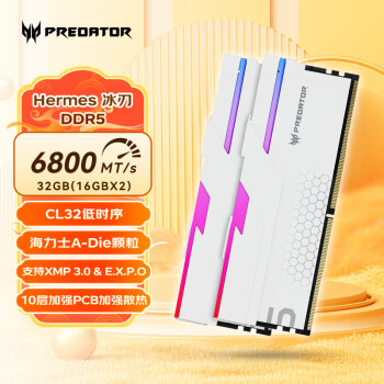 宏碁掠夺者（PREDATOR）32G(16G×2)套装 DDR5 6800频率 台式机内存条 Hermes冰刃系列 RGB灯条(C32) 珍珠白 AI电脑配件