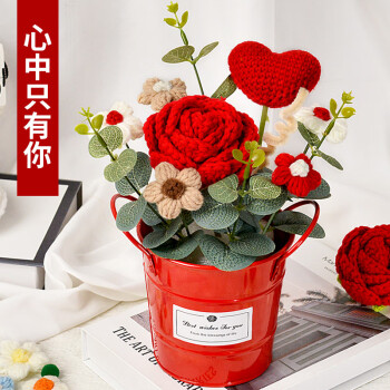 逸然红玫瑰针织花束抱抱桶盆栽520情人节生日礼物鲜同城配送女友老婆