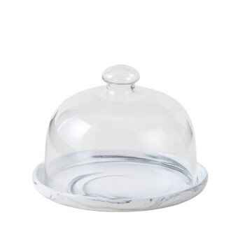 Homeglen 甜品盘带盖透明玻璃罩 六英寸灰色大理石石纹托盘+玻璃罩