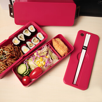 阿司倍鹭（ASVEL）日本塑料饭盒成人学生带午餐盒寿司盒便当盒分隔双层红色830ml