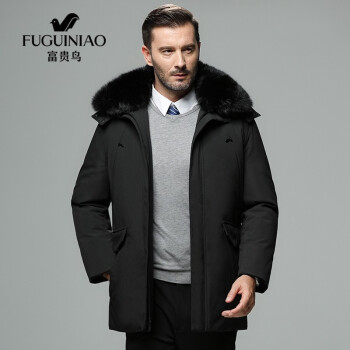富贵鸟fuguiniao羽绒服男2021冬季中年男士纯色毛领宽松商务休闲保暖