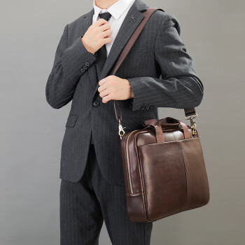玛轮特电脑手提包休闲单肩包大容量斜跨男包男士公文包商务包 咖啡色