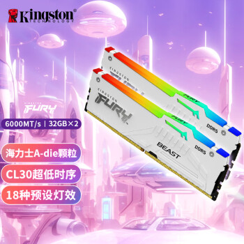 金士顿（Kingston）FURY 64GB(32G×2)套装 DDR5 6000 台式机内存条 Beast 超级野兽 RGB灯条  海力士A-die CL30 白色