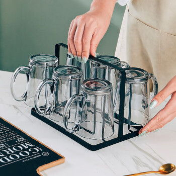 格娜斯 玻璃杯水杯茶杯杯子套装家用待客带把牛奶杯高颜值泡茶杯杯架