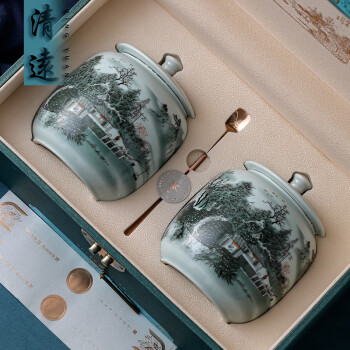 艺幻 溪山清远大双陶瓷罐茶叶包装礼盒特种纸，陶瓷 PWBZ
