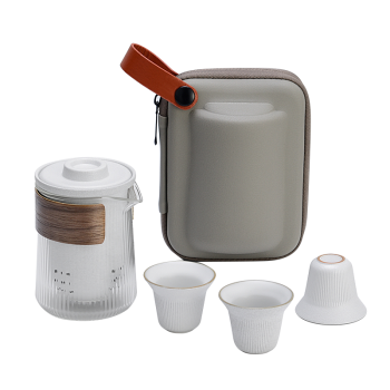 佳佰 旅行茶具便携功夫茶具套装快客杯 玻璃茶壶陶瓷茶杯旅游茶具便捷包 简约白